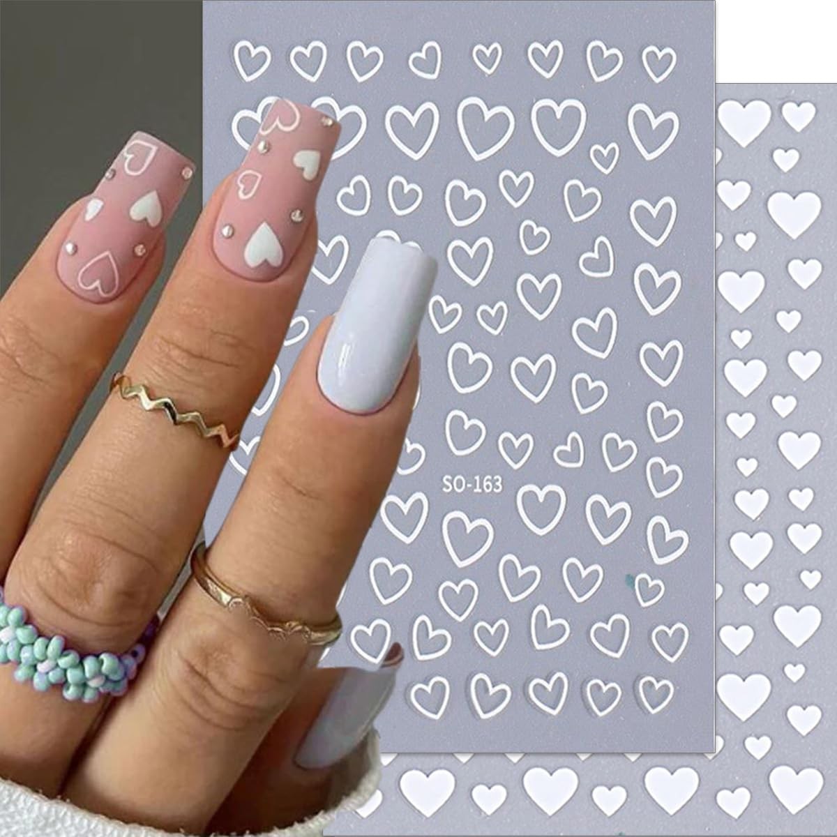 6 Sheets Valentines Nail Stickers 3D Heart Nail Art Stickers Decals Black Whi…