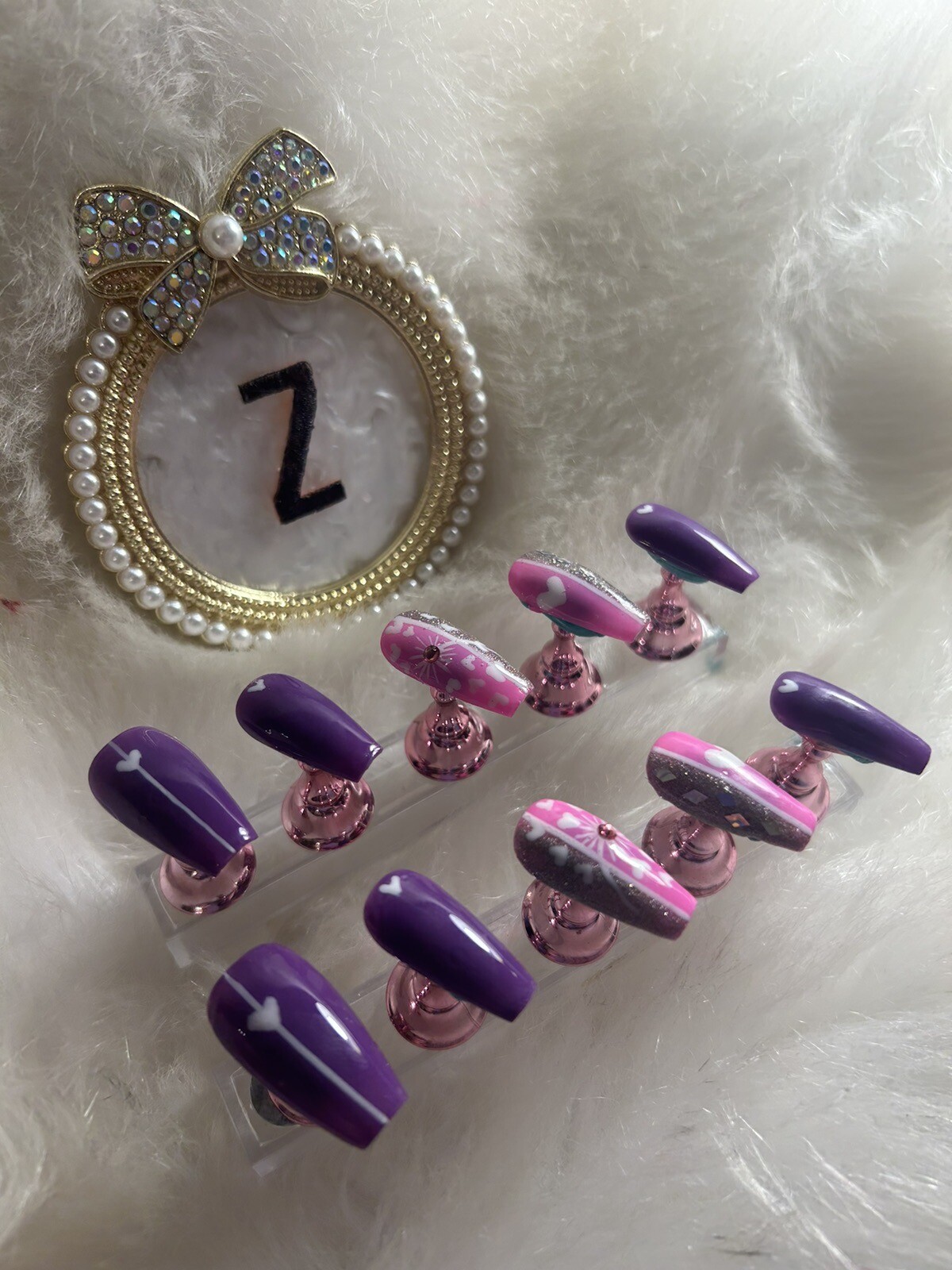 Z NAILZ! Handmade M Coffin Set Of Pink/purple/silver W/ White Hearts Press Ons