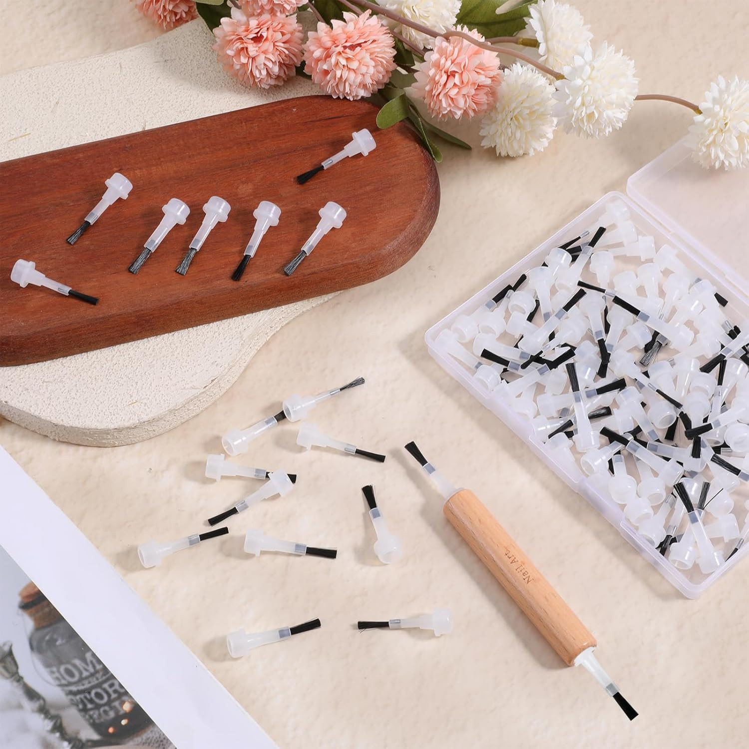 51Pcs Nail Polish Brush Replacement with Wood Handle, Disposable Dip Powder & Li