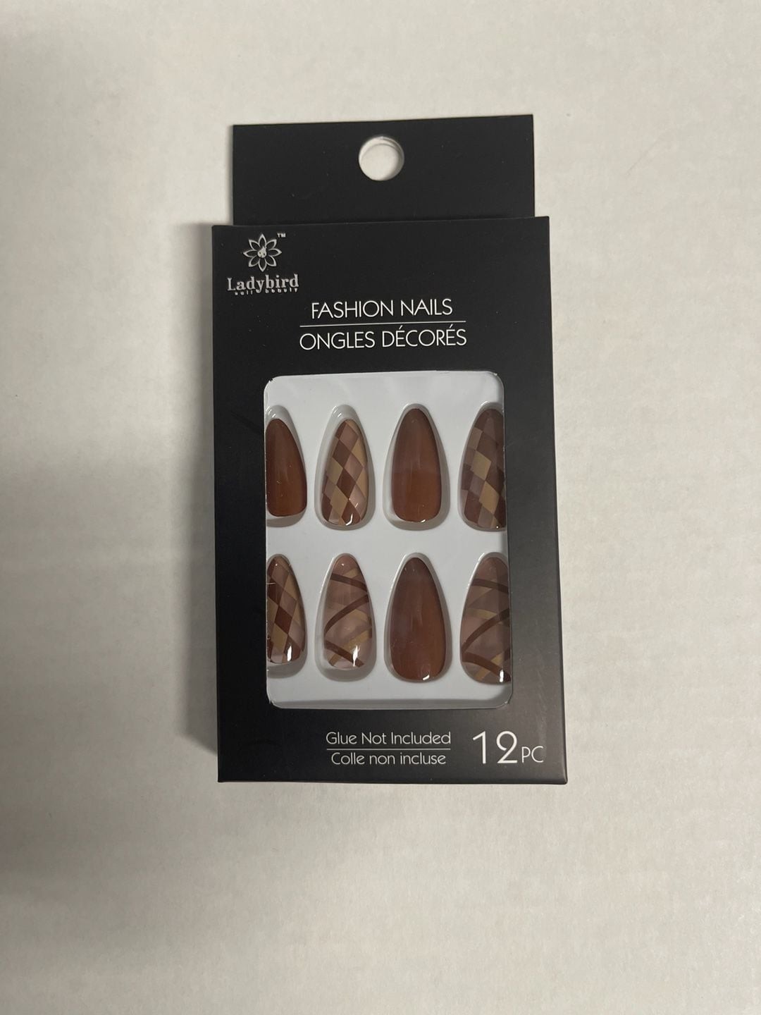 Ladybird Soft Beauty Fashion Nails Brown Plaid Almond Press-On Set 12PC