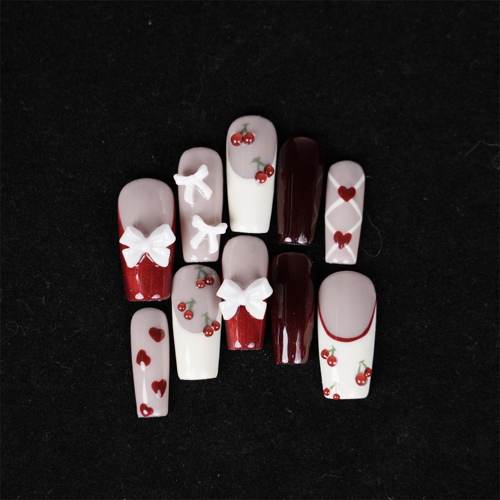 Handmade Red Cherry Press on Nails Bow Heart Vivid Glossy Fashion Fake Nails