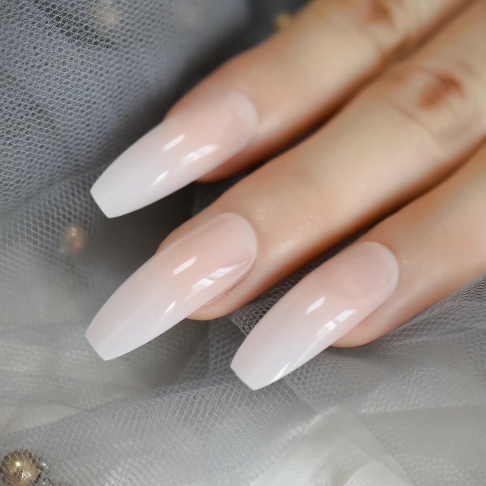 Ombre French Tip Press On Nails Extra Long Coffin White Nude Baby boomer classic