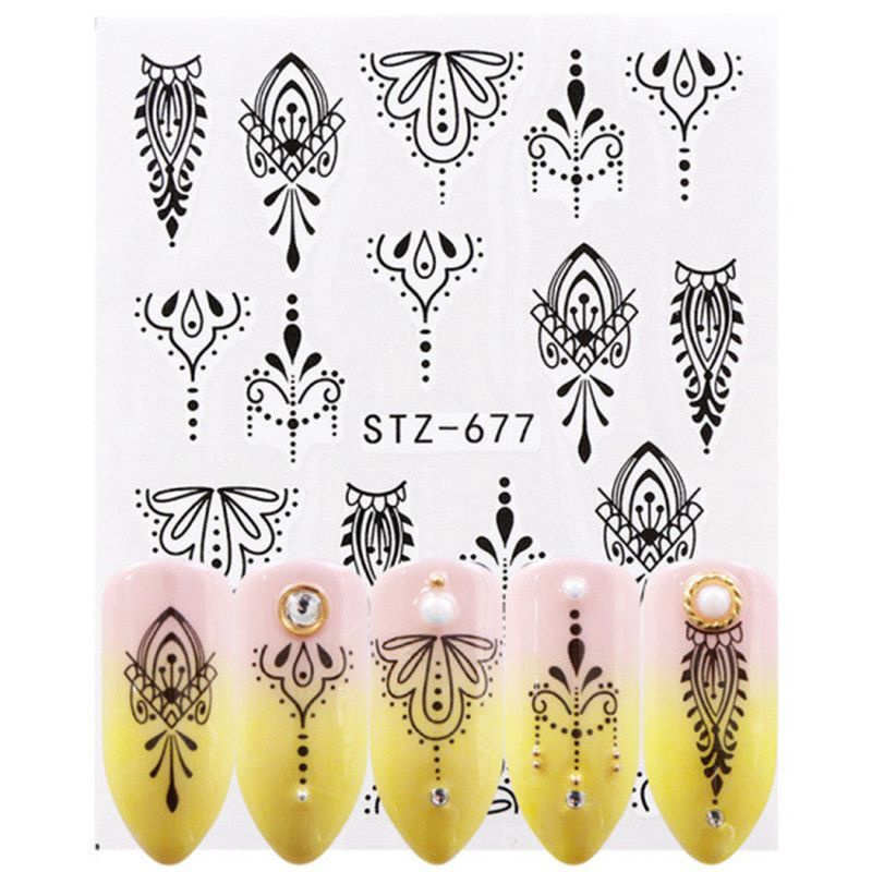 Nail Art Stickers Water Transfers Black Decals Lace Jewellery Design