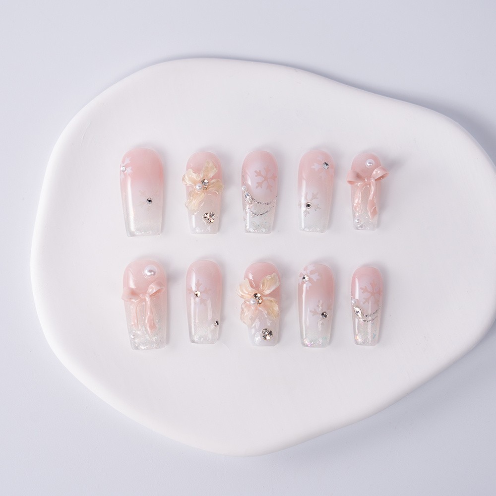Handmade High Quality Snowflake Press On Nails Pink Bow Pearl Glitter Fake Nails