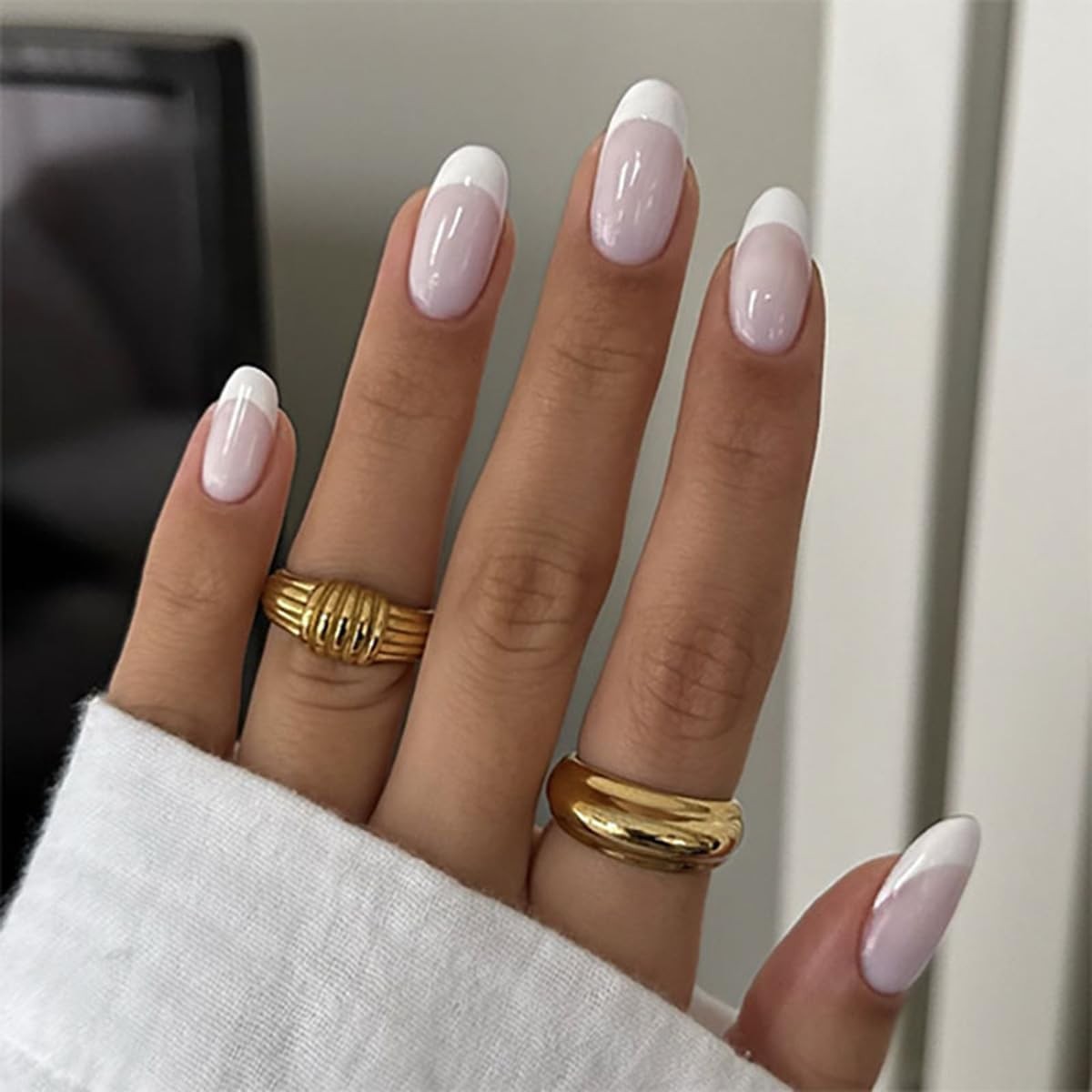 French Press on Nails Medium Almond Fake Nails Milky White Nails Press ons wi…