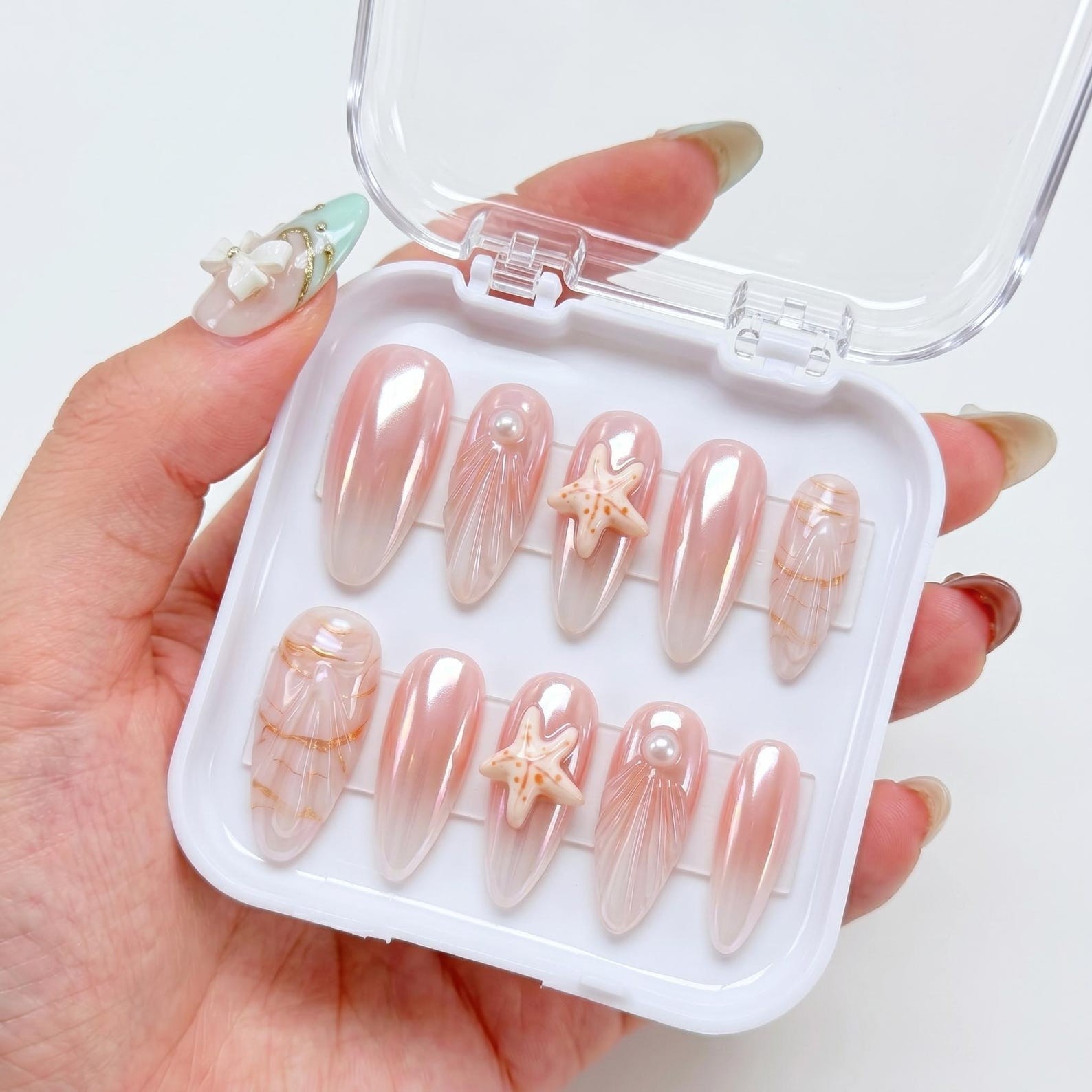 Handmade Pink Aurora Gradient Starfish Shell Pearl Medium Almond Press on Nails