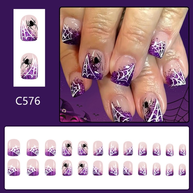 Halloween Glittering Spiderweb White False Nail With Cobweb Design ABS Plastic
