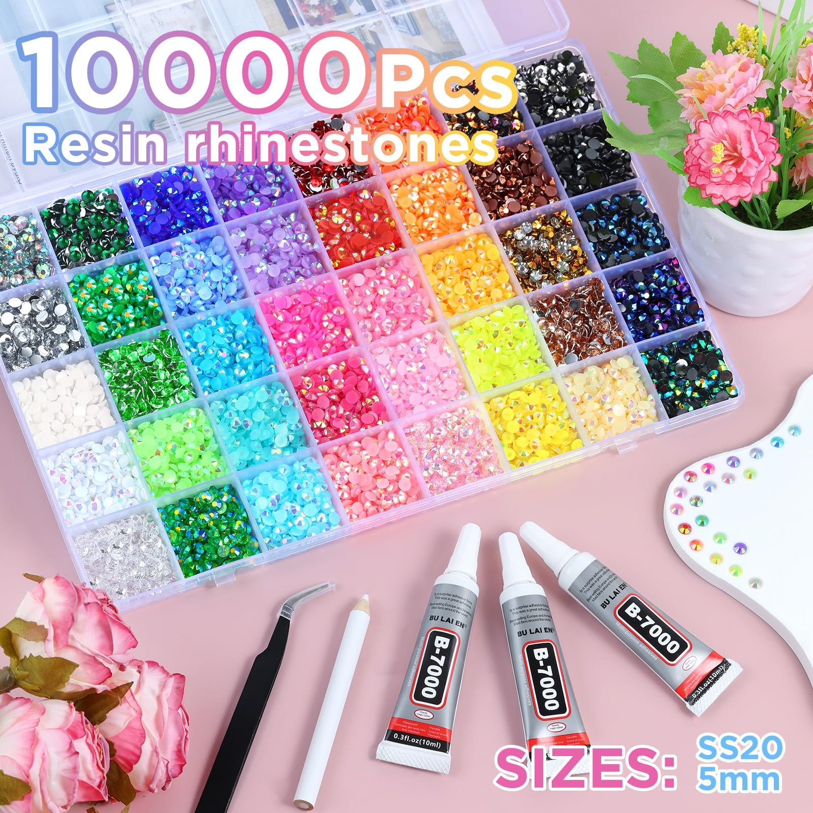 Zefy 40 Colors Resin Jelly Rhinestones for Bedazzling, 5mm 10000 Pcs Flatback…