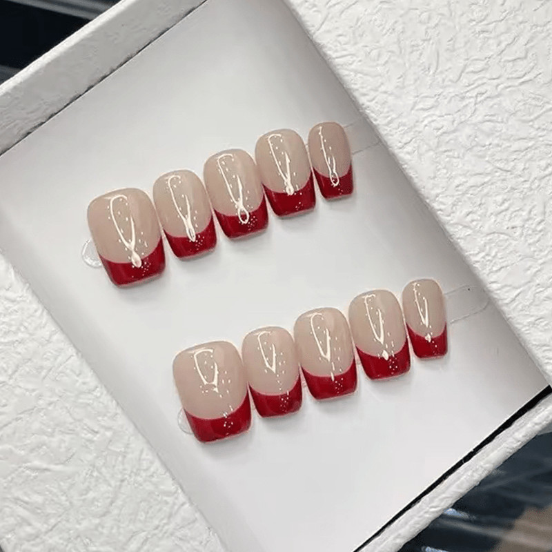 60Pcs-Short Shape Nude Classic Red French Tip Press on Nails Set