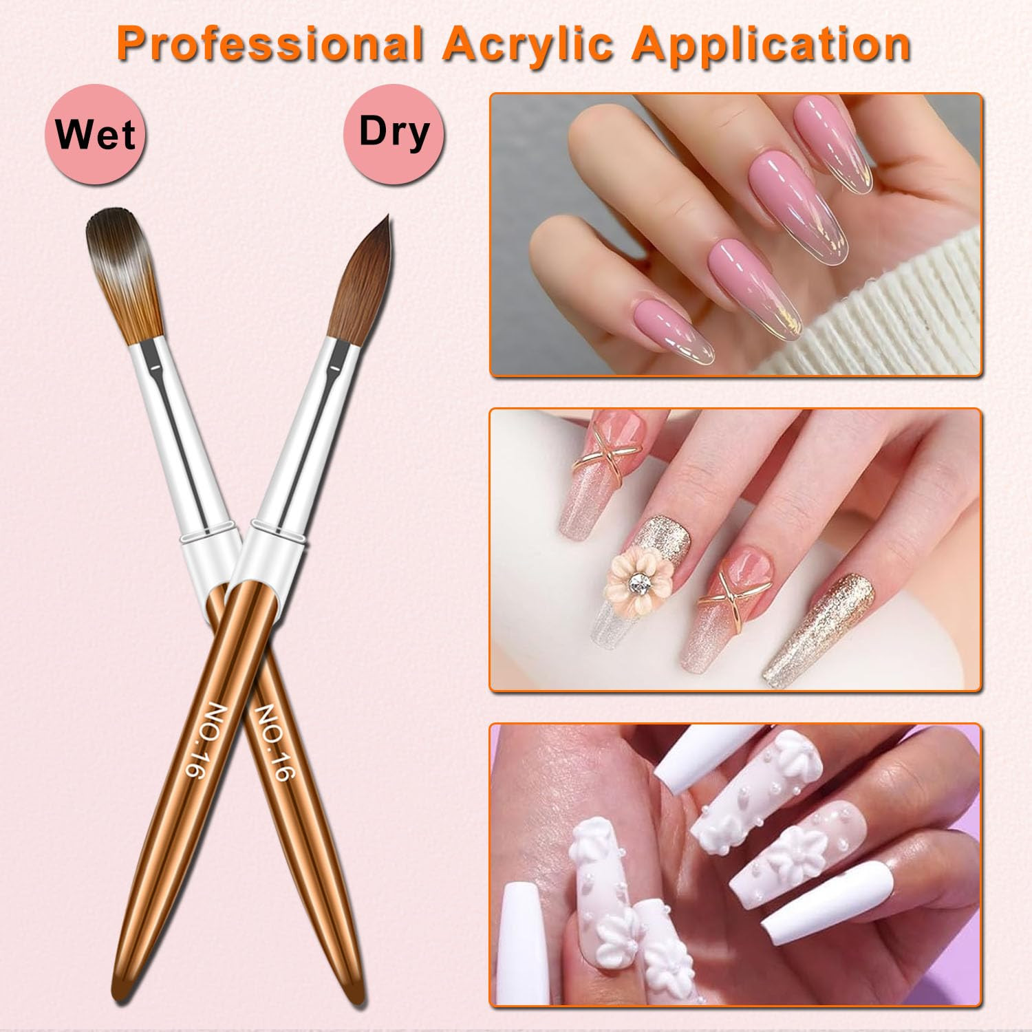 Acrylic Nail Brush Set, 4pcs Size 8/10/12/16 Professional Nail Art Brush for Acr