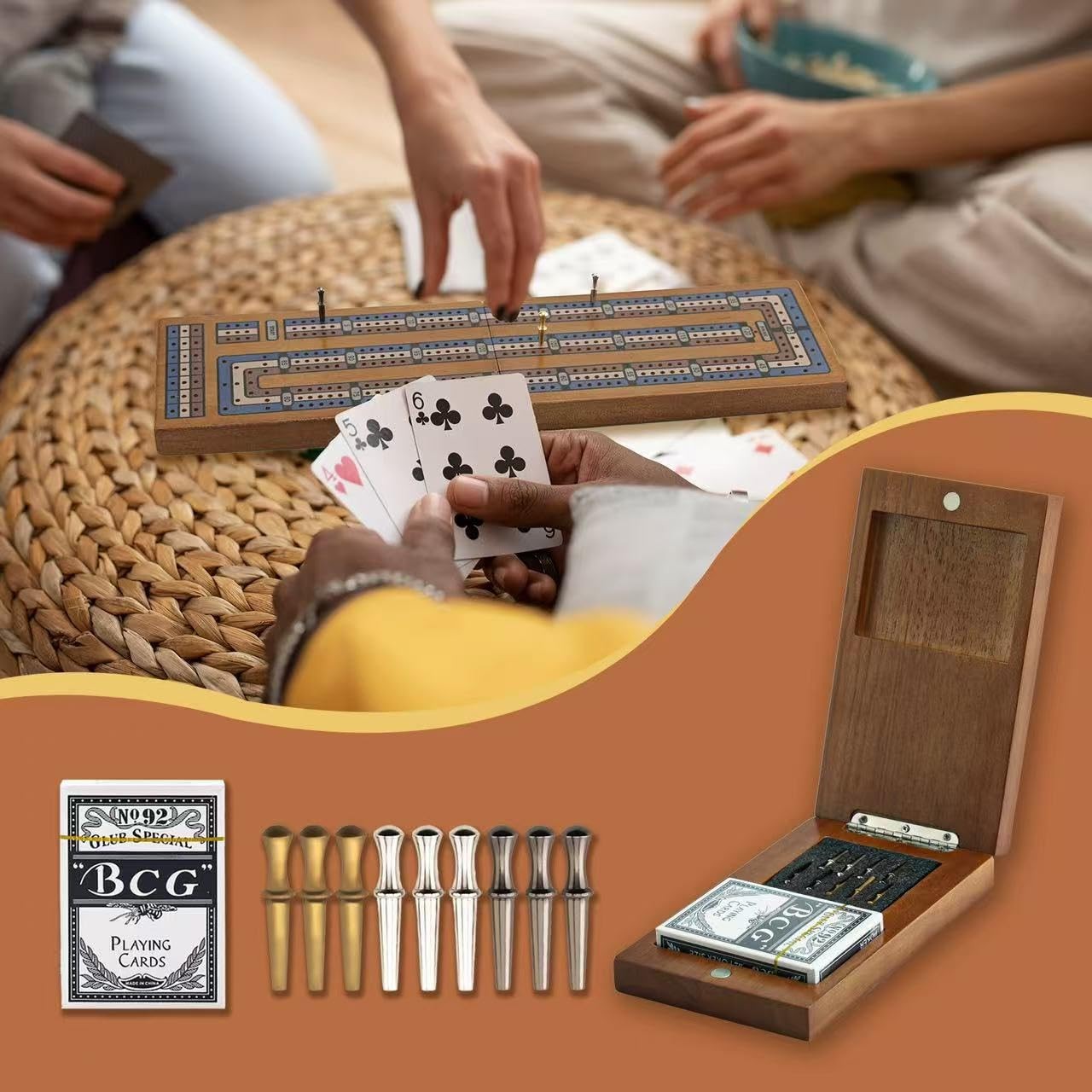 Wooden Cribbage Board Game Set, Travel 1.7 x 14 x 0.1 inches, Walnut Color