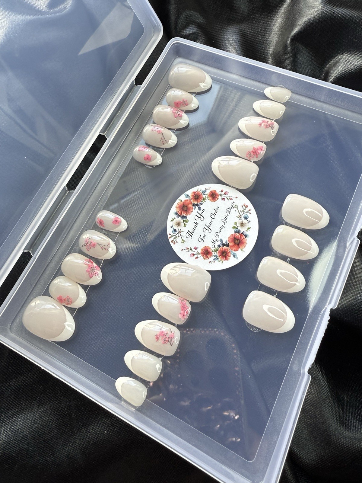 Handmade Press On Nails, Classy French w/Cherry Blossoms~Including Free Gifts💝