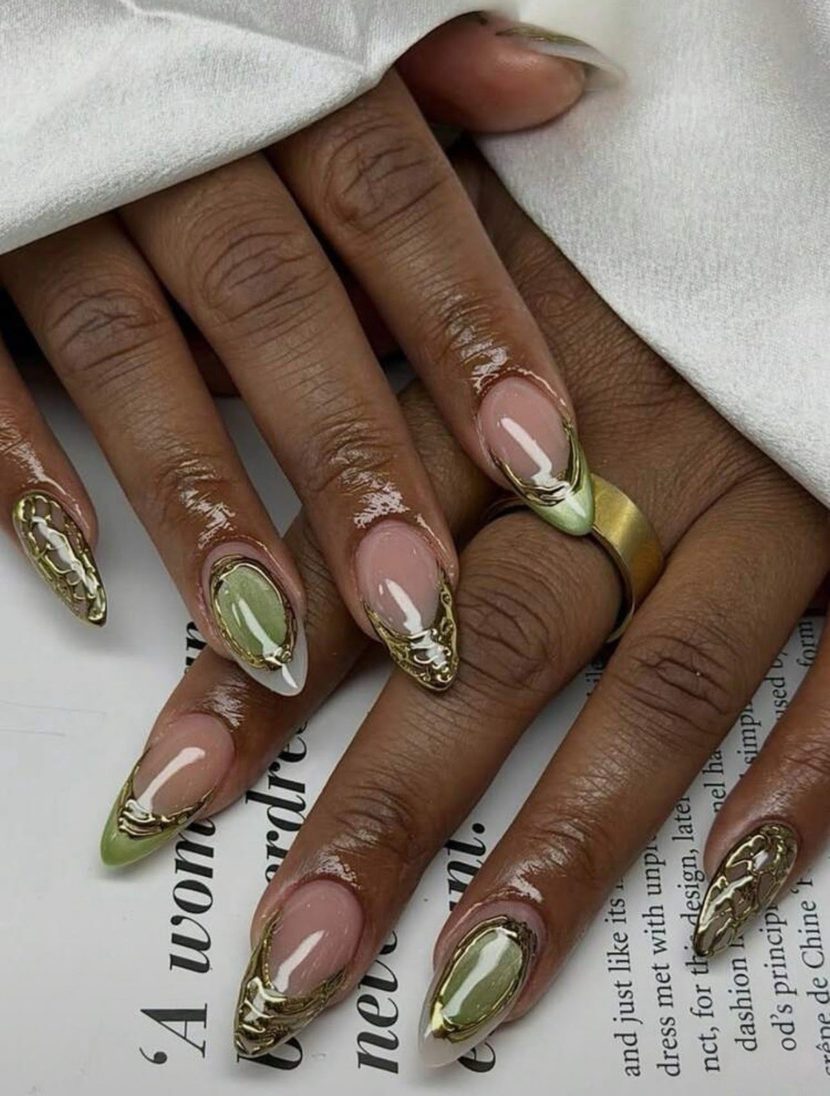Reusable Long Almond Acrylic Press-On Nails Nude Green Gold 3D Marble