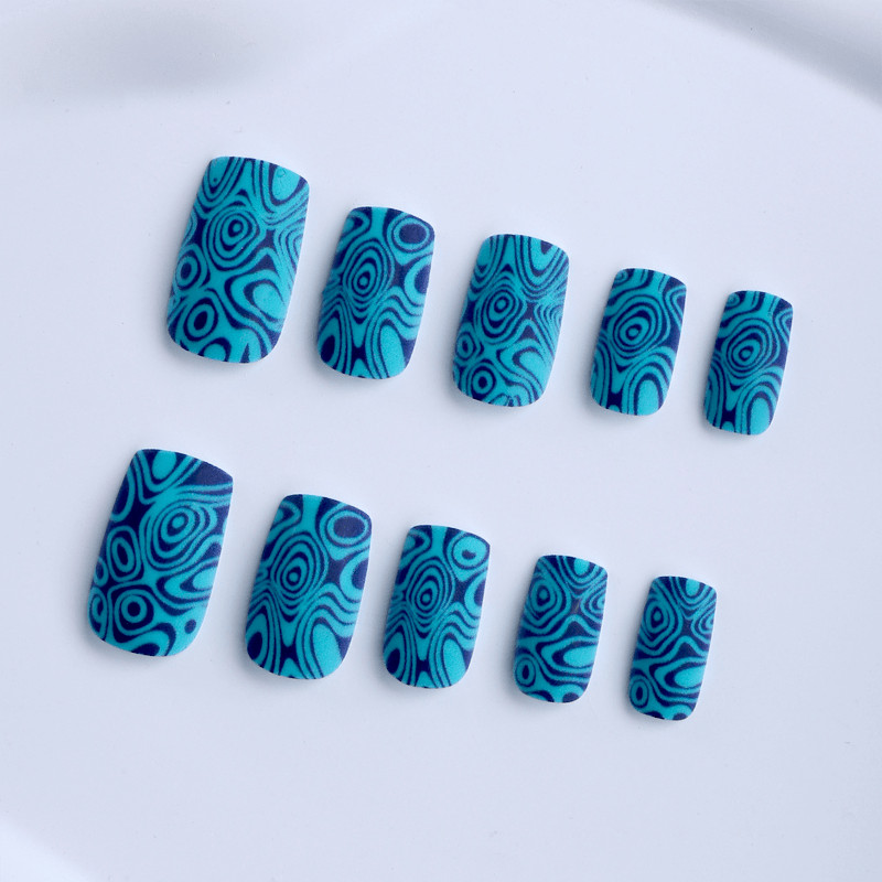 48pcs Short Square Press on Nails, Teal Blue Swirl Pattern Fashion Nail Art