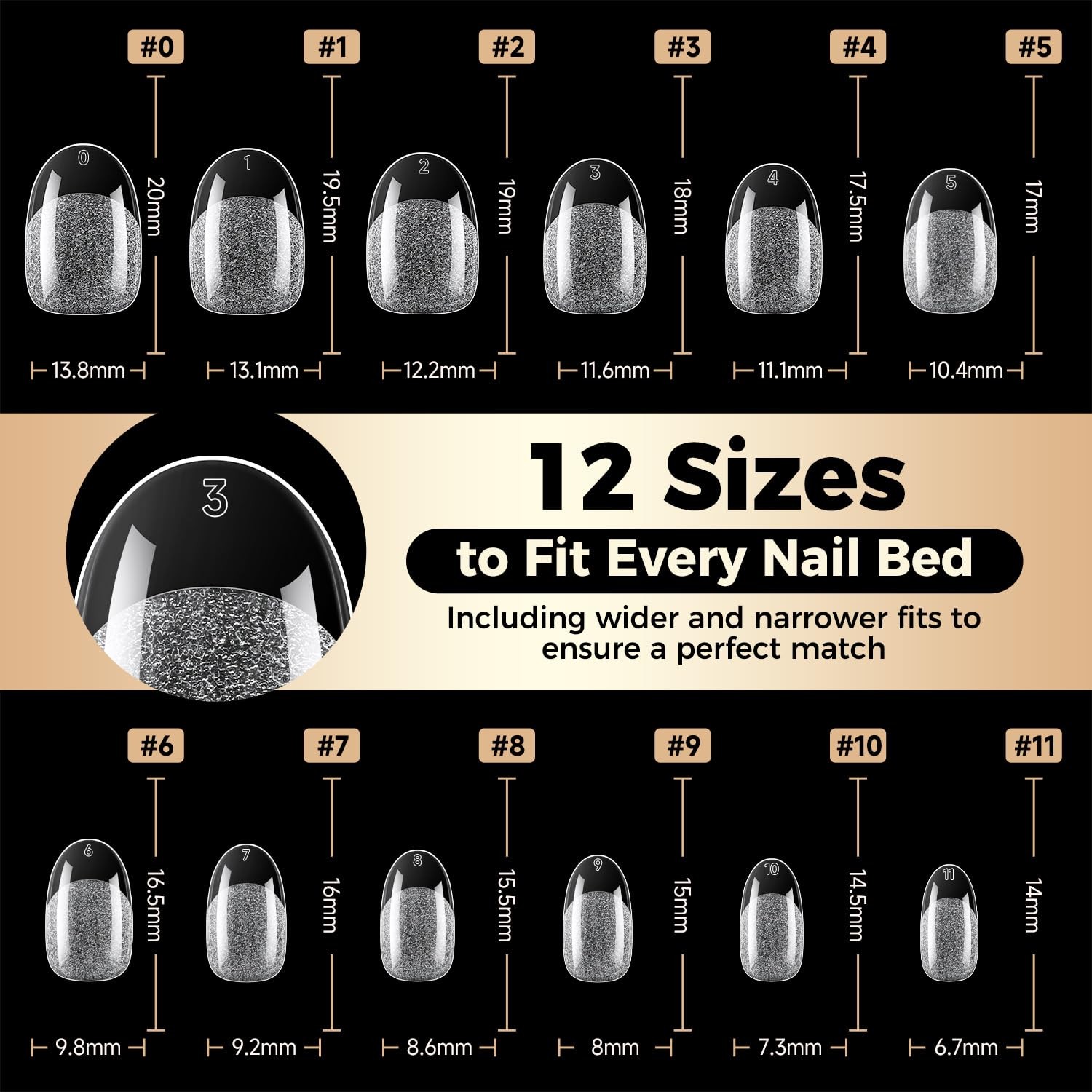 Short Oval Round Nail Tips: 504Pcs Tri-Layer Core Soft 12 Sizes, black, white