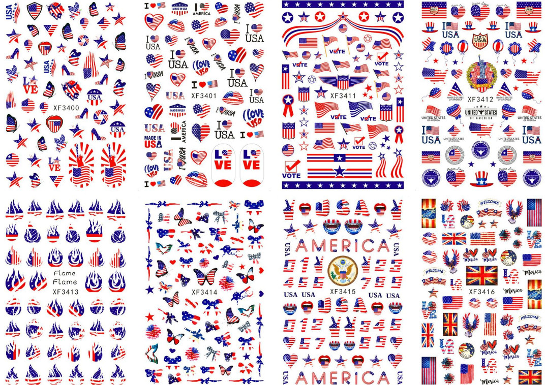 American Flag Star Heart LOVE USA July 4th Butterfly Number 3D Nail Sticker NS3