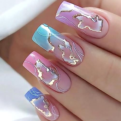 Colorful Press on Nails Square Medium Length 24Pcs Full Colorful With Gold Foil