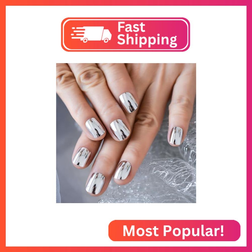 LINSSQ Press on Nails,Silver False Nails,Beauty Metallic Mirror Nails Manicure K