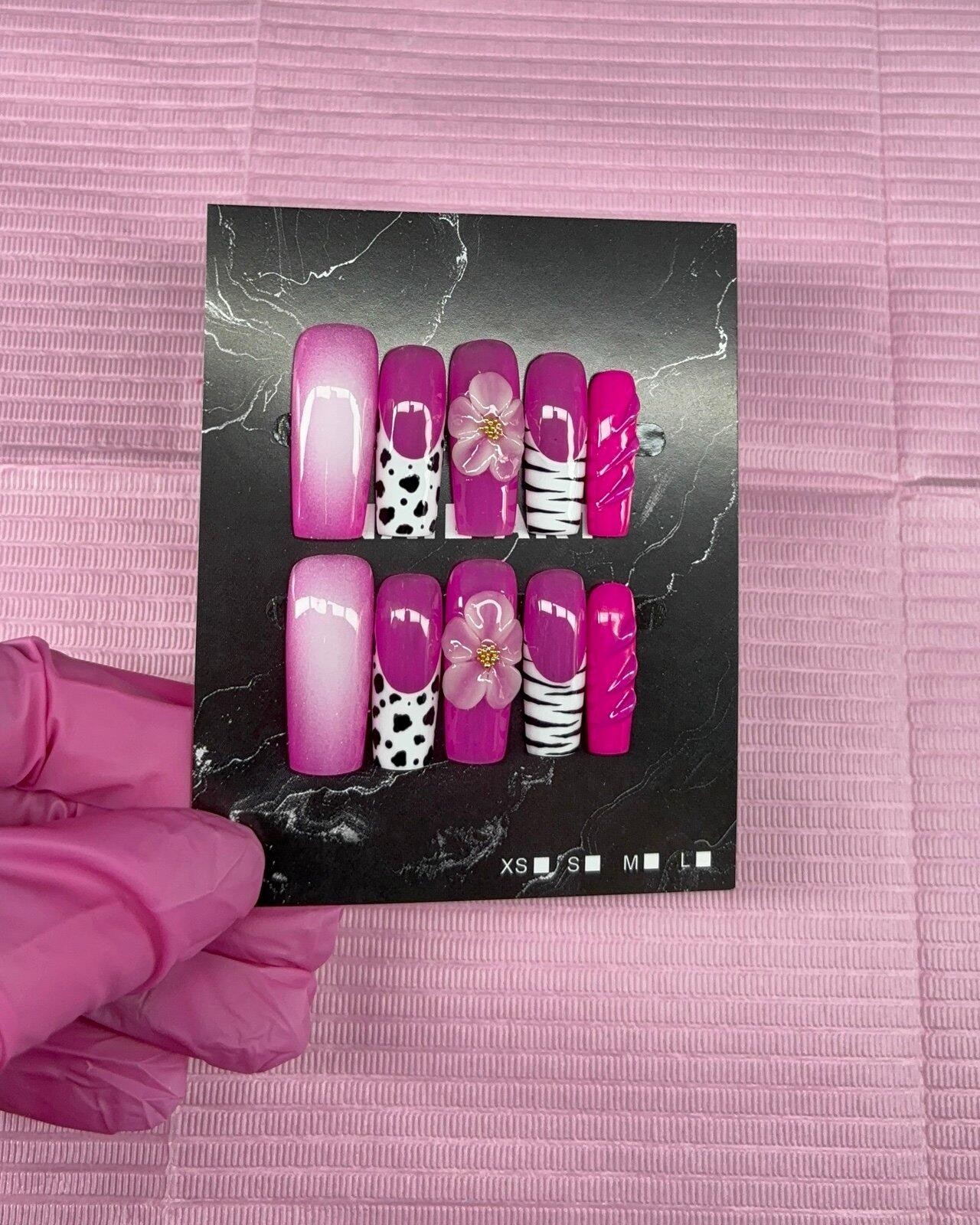 Long square press on nails animal print 3d gel flower aura