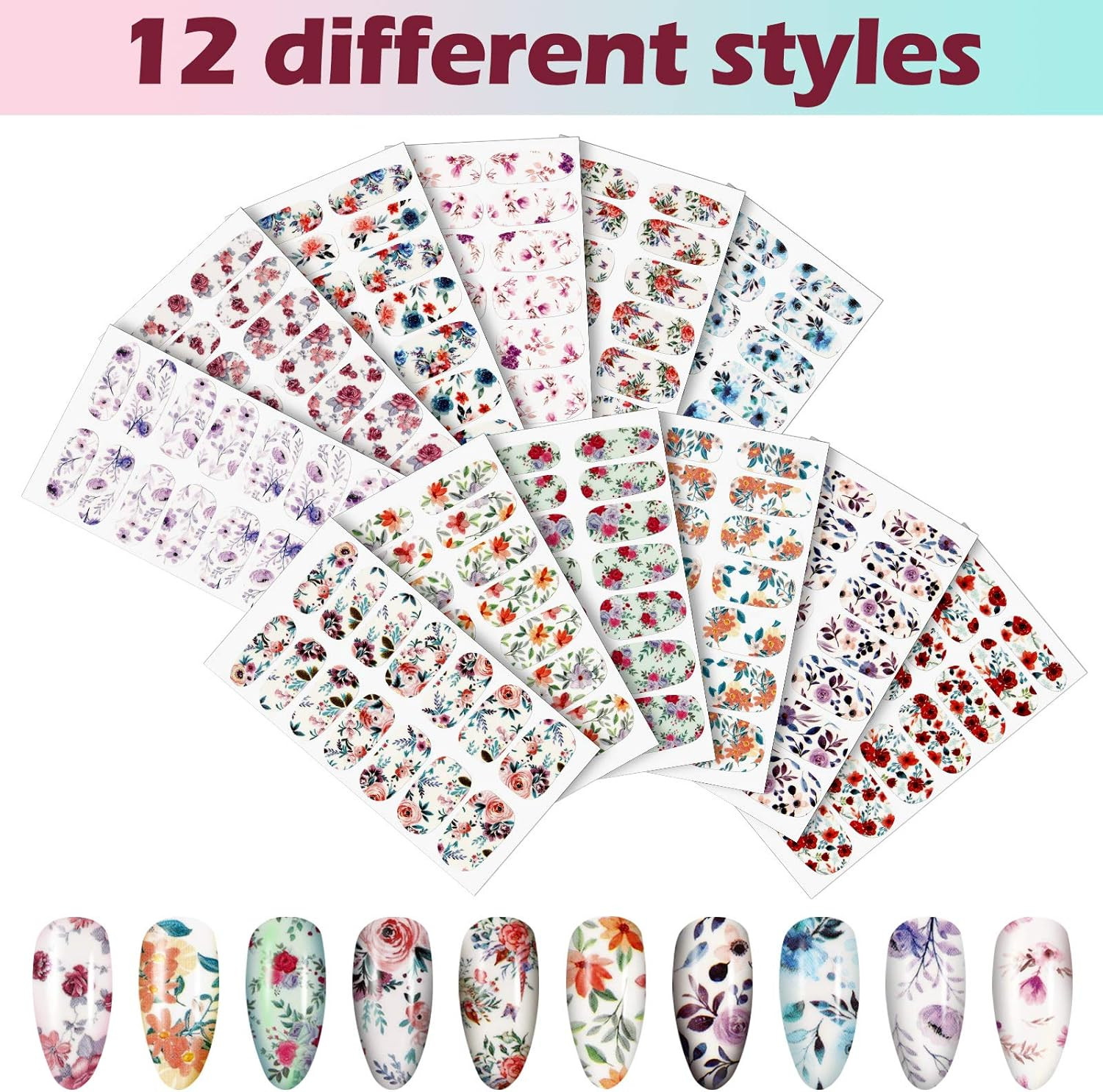 168 Pieces 12 Sheets Full Wraps Nail Polish Stickers Flower Print Self-Adhesive