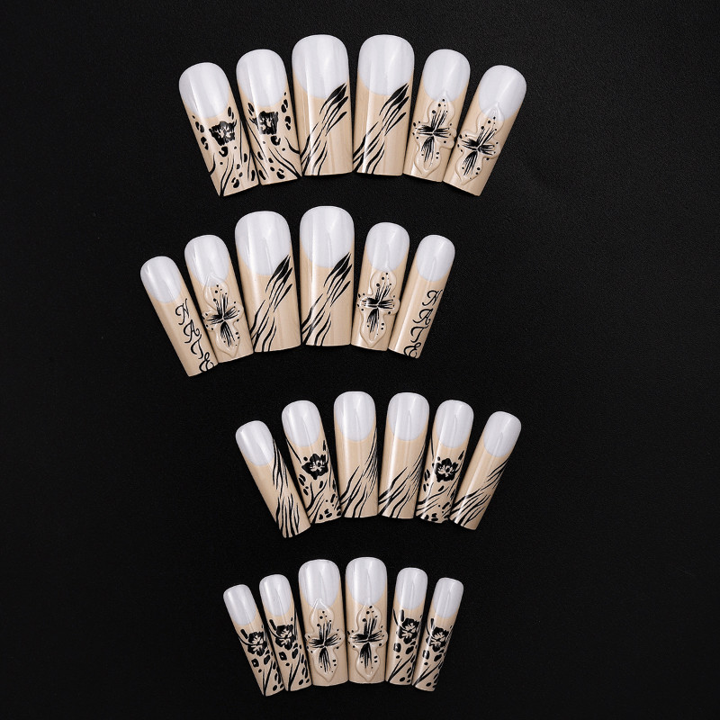 48Pcs Long French Tip Black Floral Leopard Press on Nails Glossy Fake Nails