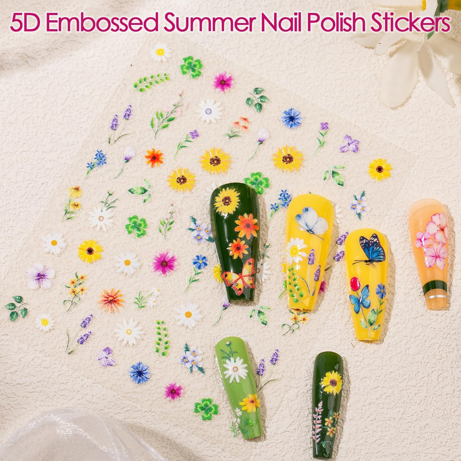 Gel Nail Stickers for Nail Art: 5D Embossed Summer Flower Nail Decals 4Pcs |