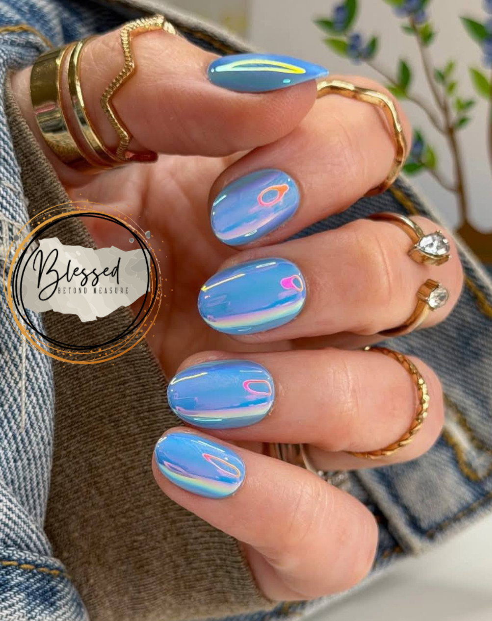Red Aspen Press On Nails- Easy & Effortless, Estella Blue Short Almond
