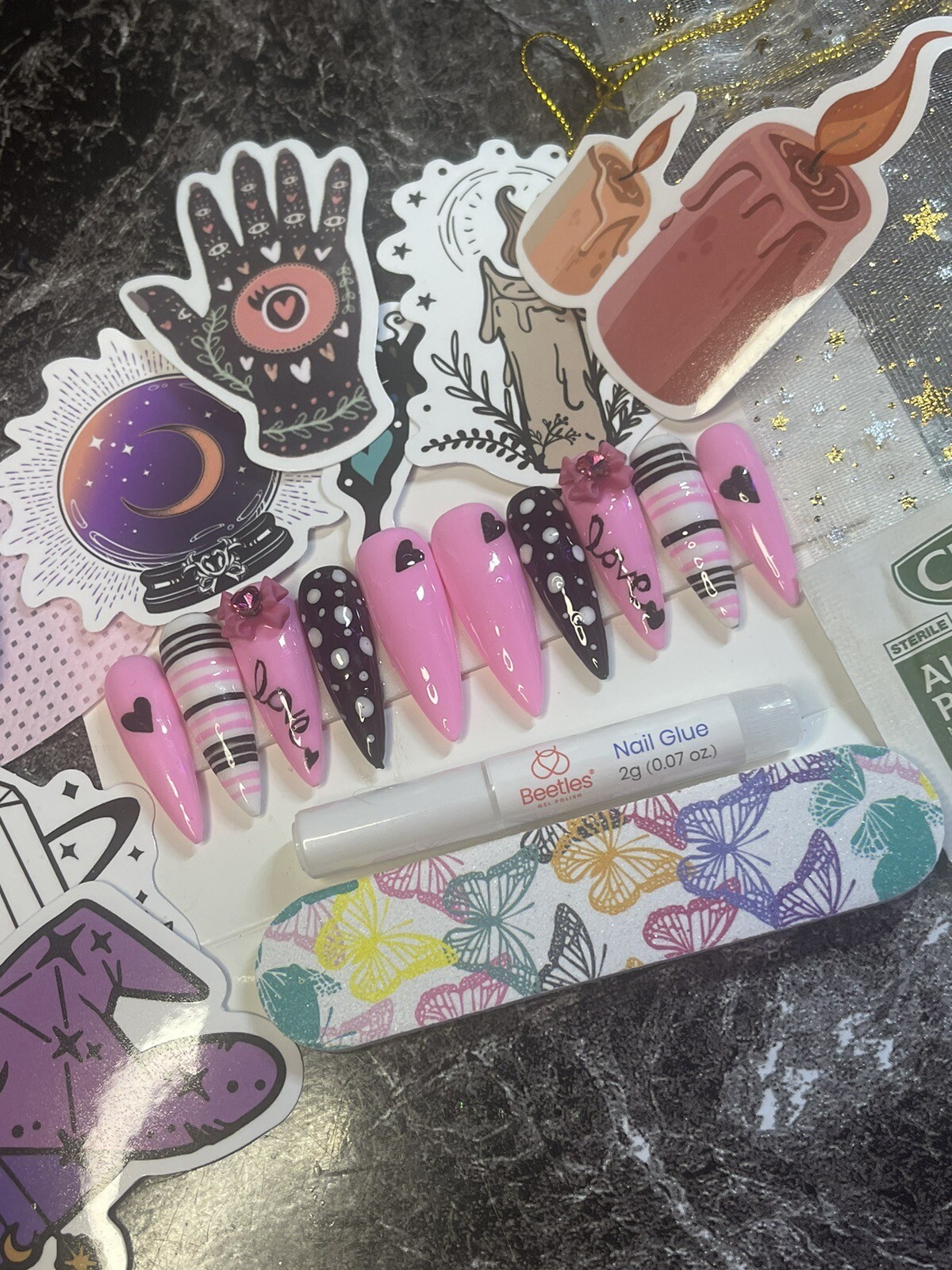 Pink And BlackValentine’s Handpainted Presson Nails. Prep Kit Included