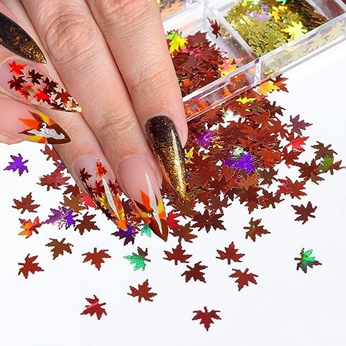 Fall Glitter Nail Sequins Maple Leaf Glitters Flakes 3D Holographic Laser