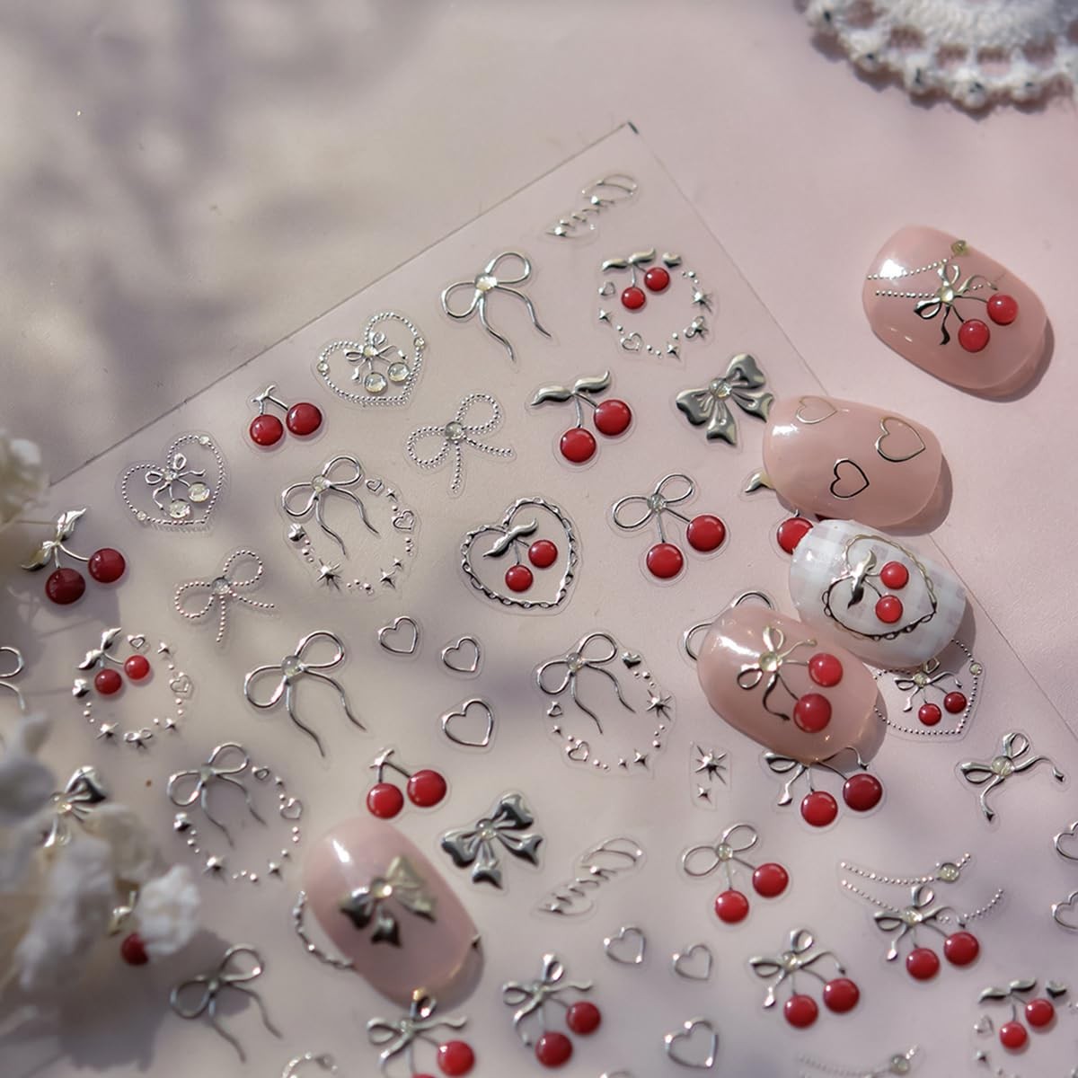 Cherry Nail Art Stickers Summer Cherry Nail Stickers 5D Embossed Gold Cherries B