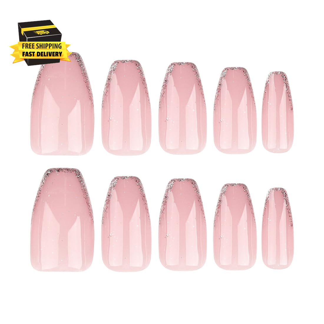 Coffin Press on Nails Pink Short Medium Bling Fake Nails with Designs Fantasy Ma