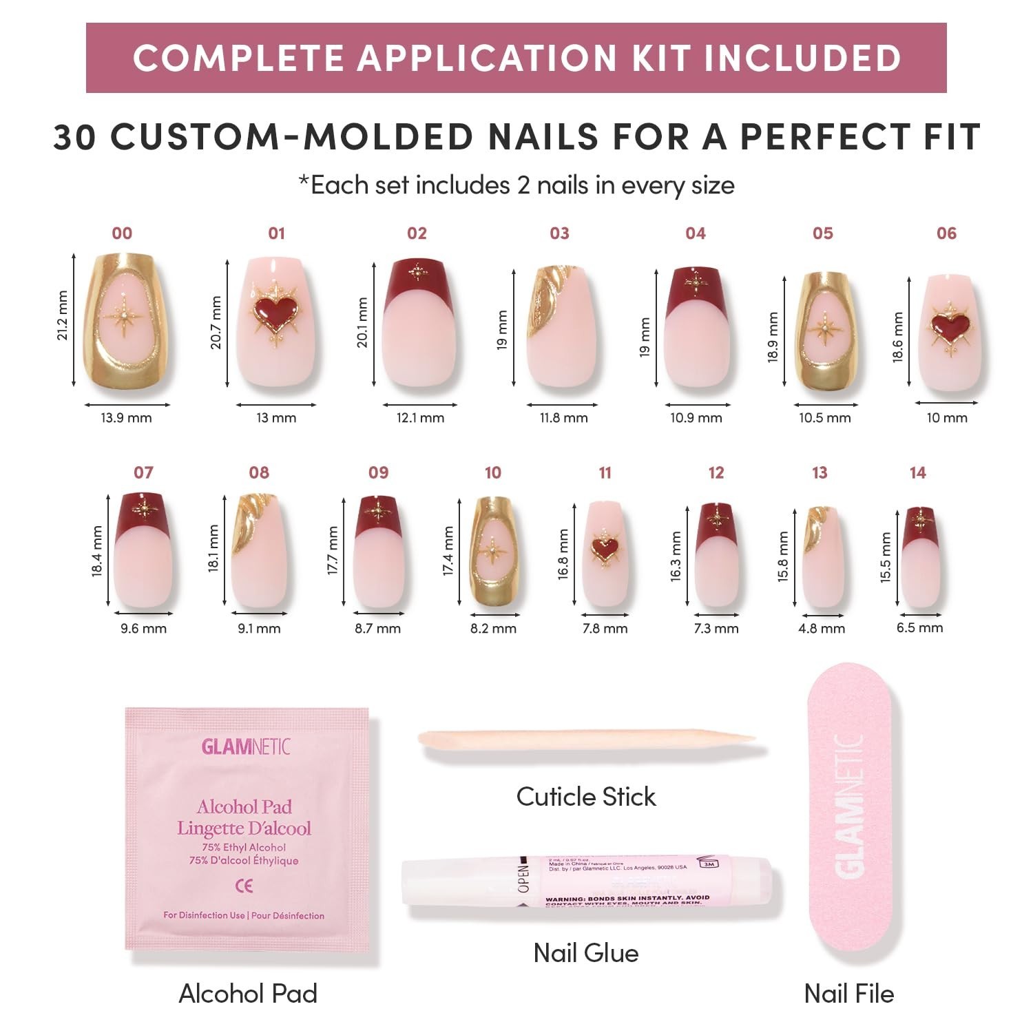 15 Sizes Queen of Hearts Nail Set – Gold Metallic, Red Tips