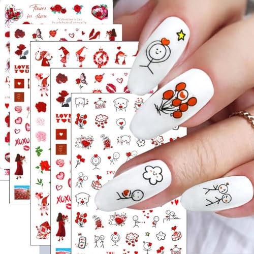 6 Sheets Valentines Nail Stickers, 3D Self-Adhesive Heart Nail Red Heart