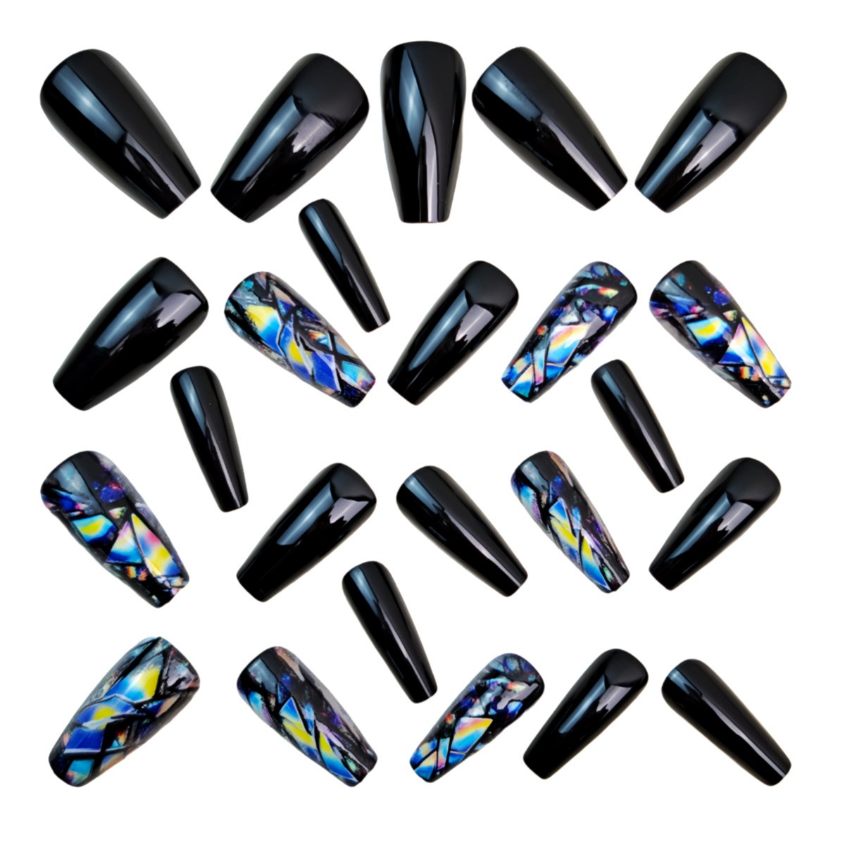 48Pcs Black Silver Press on Nails Iridescent Glitter Art Shiny Glam Fake Nails