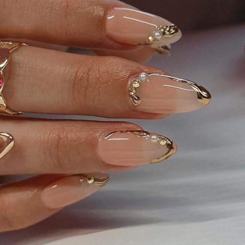 CTTHNBD Press on Nails Almond – French Tip Fake Nails with Gold Chrome Gold