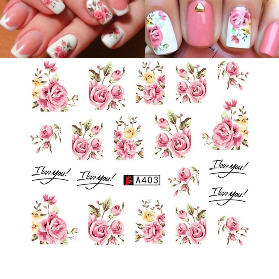 2X Nail Art Water Decals Stickers Transfers Rink Roses Flowers Gel Polish (A403)