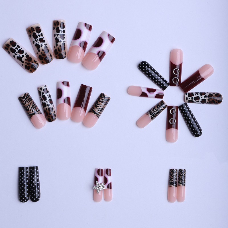 48Pcs-Bold Red Black Animal Press on Nails Glossy Long Square Nail Art Set