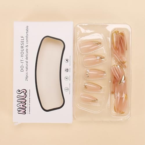 French Tip Press on Nails Medium Almond Fake Nails Gold Line Almond Style-18