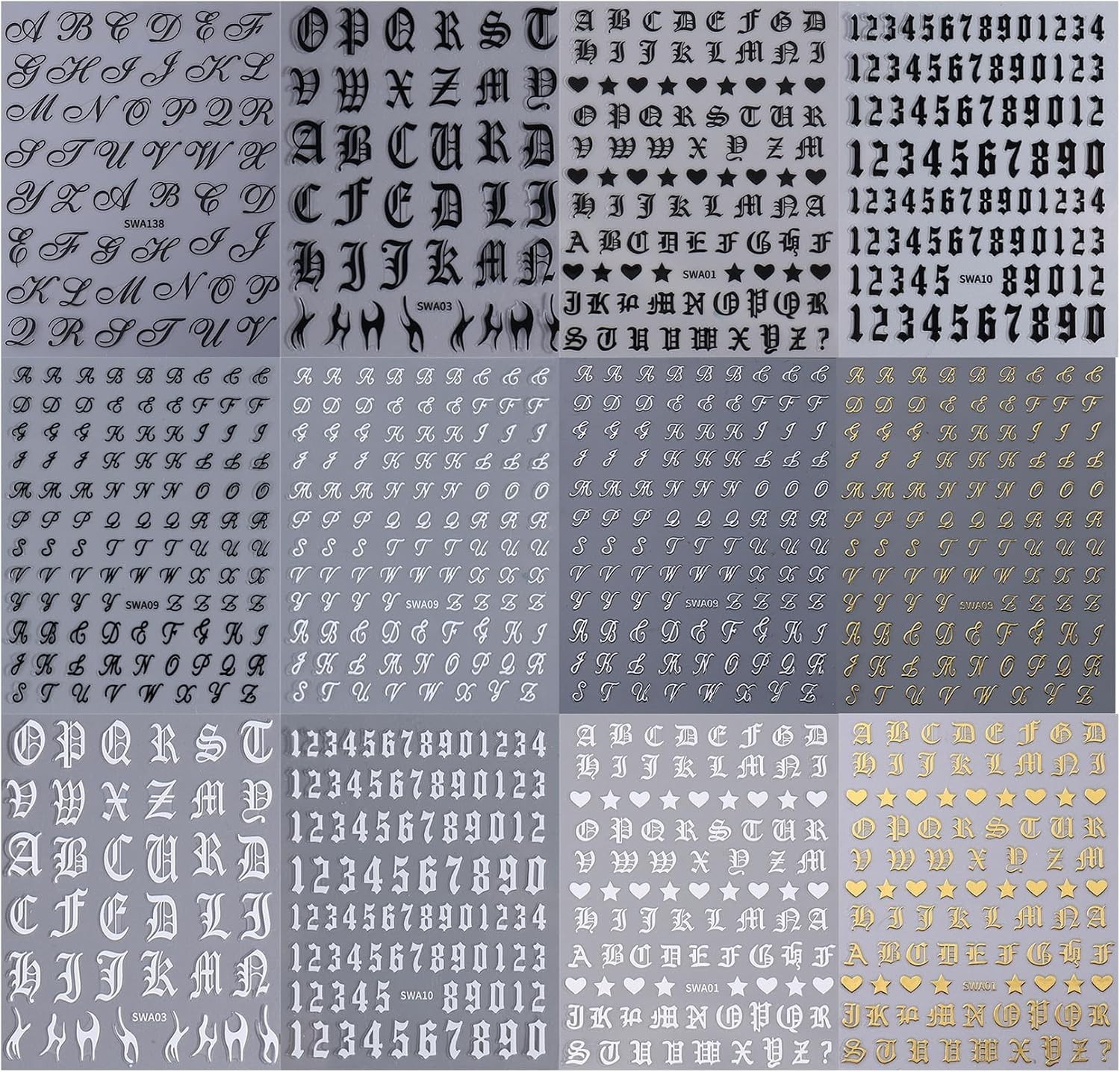 Letters Nail Art Stickers Decals 12 Sheets Alphabet Initial Nail Decals 3D Self-