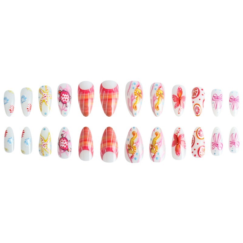 48pcs-Beach Vacation Press on Nails, Medium Almond Pink Sea Creature False Nails
