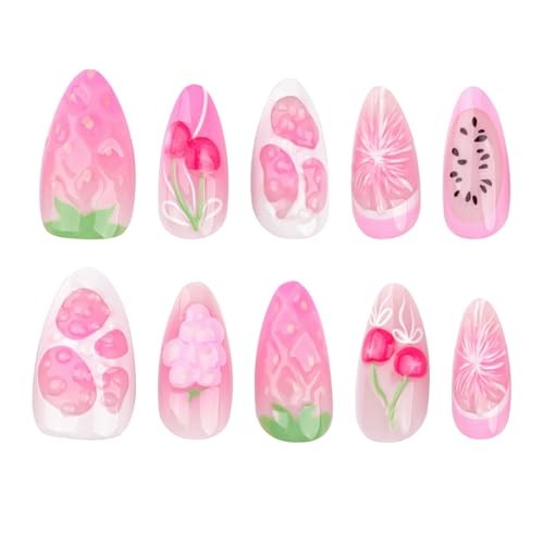 Handmade 3D Fruit Colour Press On Nails Medium Almond, 24Ps (Pack of 1) LF-3536