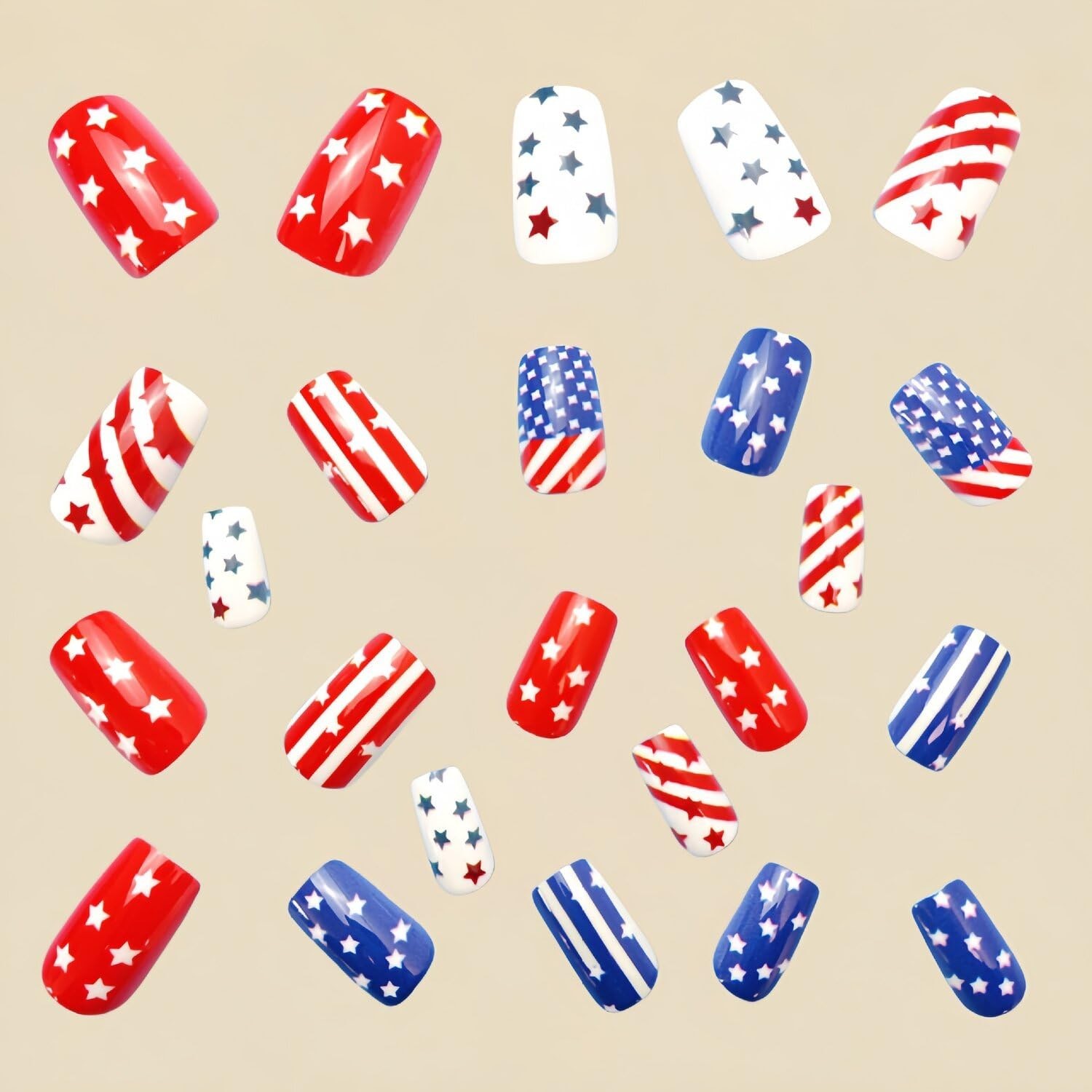 4th of July Press On Nails – Medium Square Red Blue Star Design, 24 Pcs Glossy S