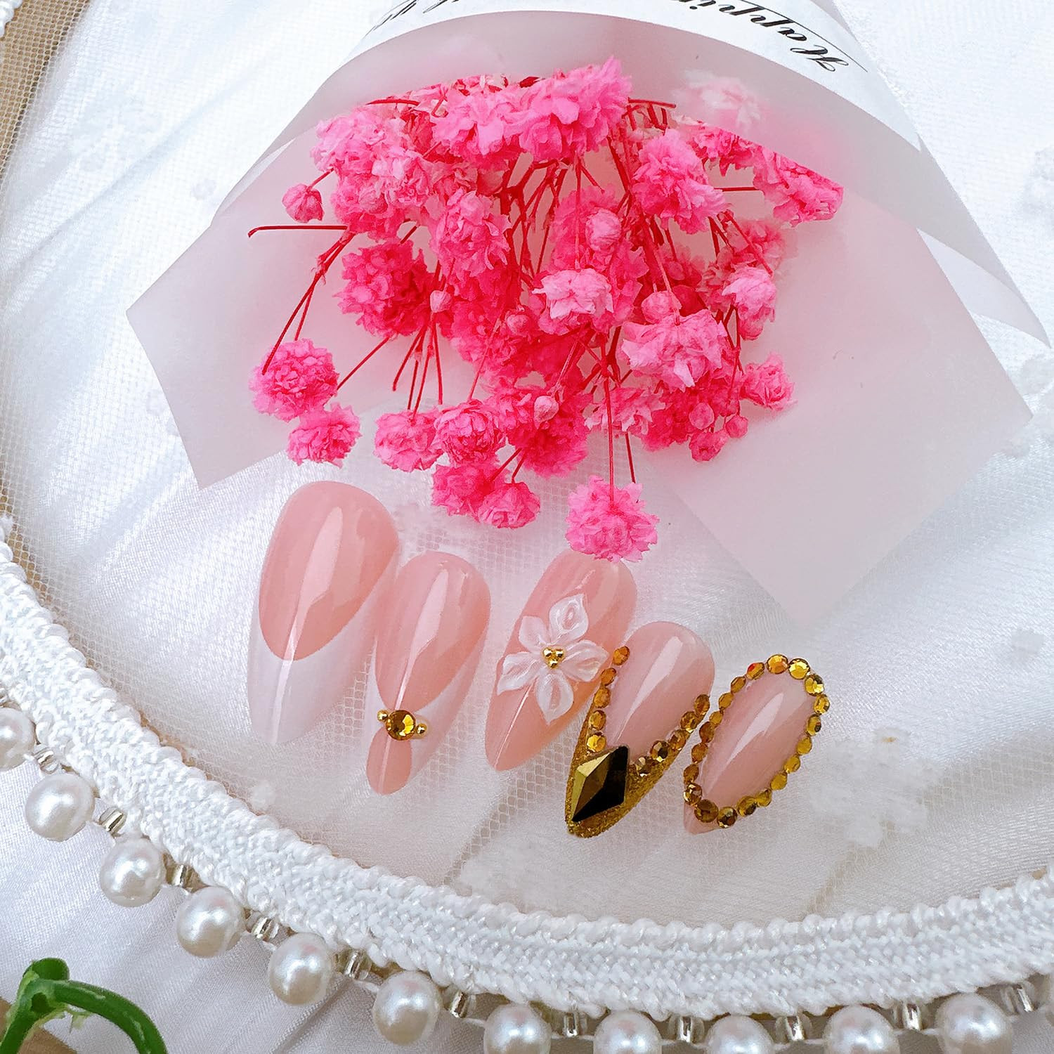 24Pcs French Tip Press on Nails Medium Almond Fake Nails with 3D Flower Gold Rhi