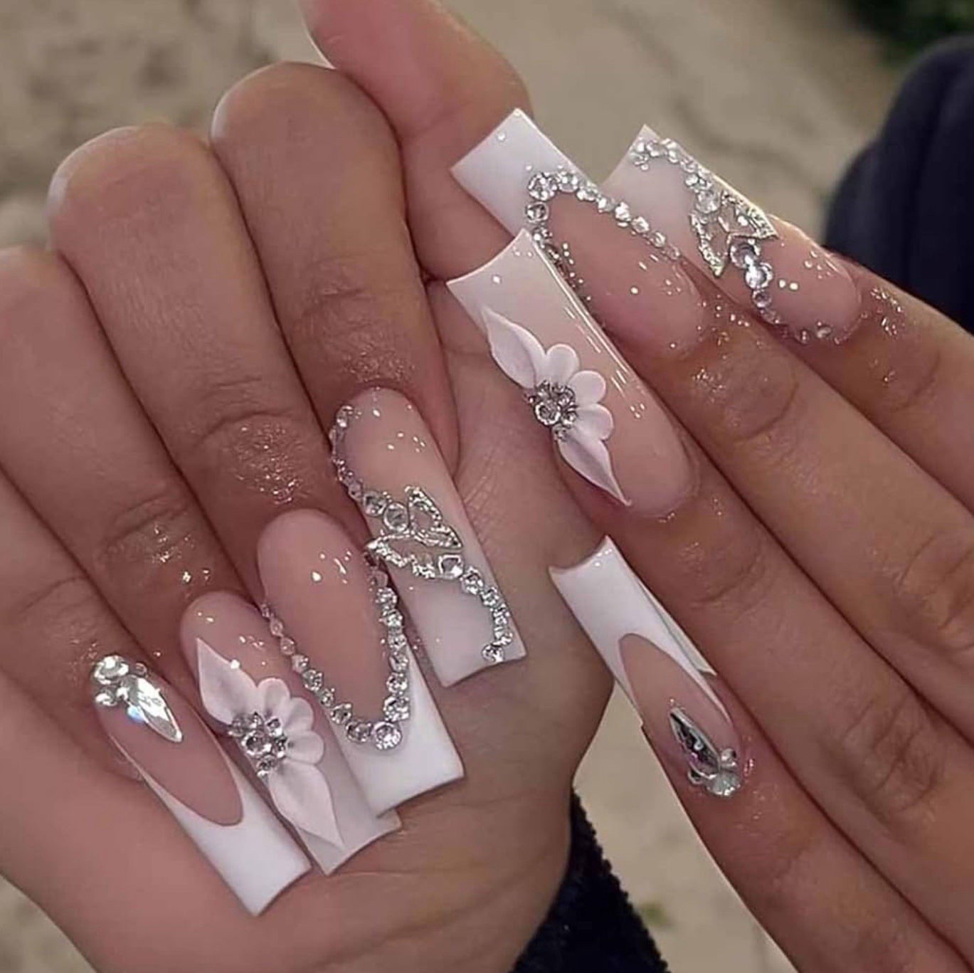 3D Flower Design Gemstone Press On Nails