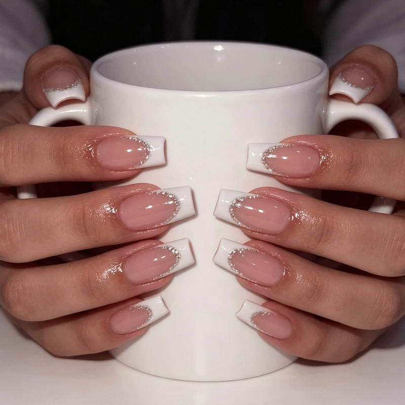 48pcs Short Taper Press on Nails, Nude White French Silver Glitter Casual Nails