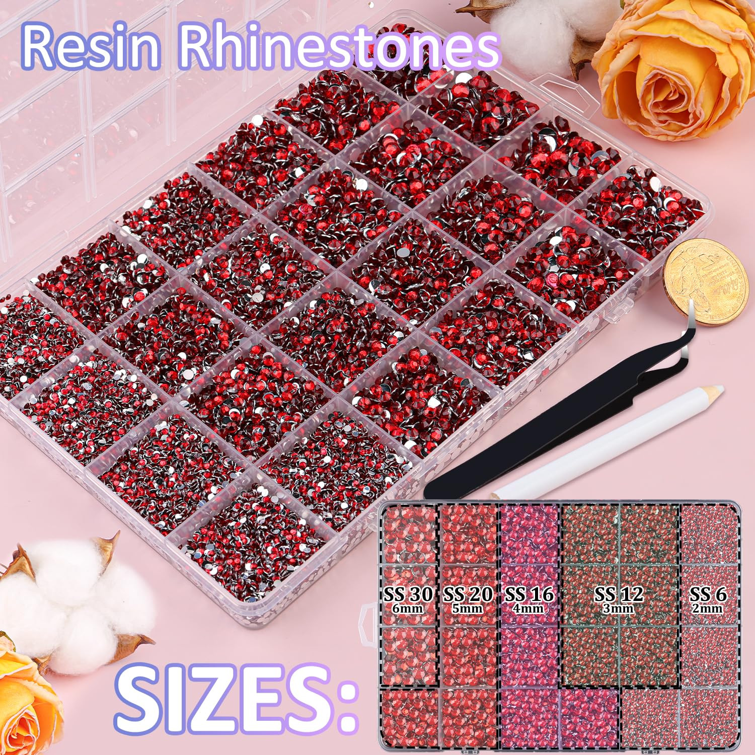 32000Pcs Resin Rhinestones with Tweezers for Crafting, Red Flatback Gems, Bedazz