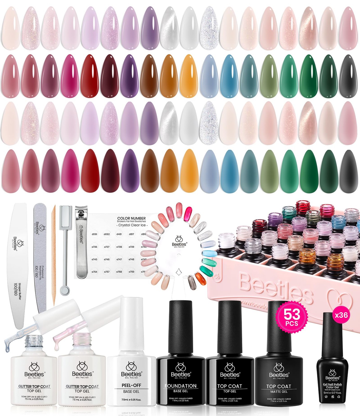 Beetles 53PCS Jelly Gel Nail Set – 36 Colors Crystal Ice Collection Kit Top Coat