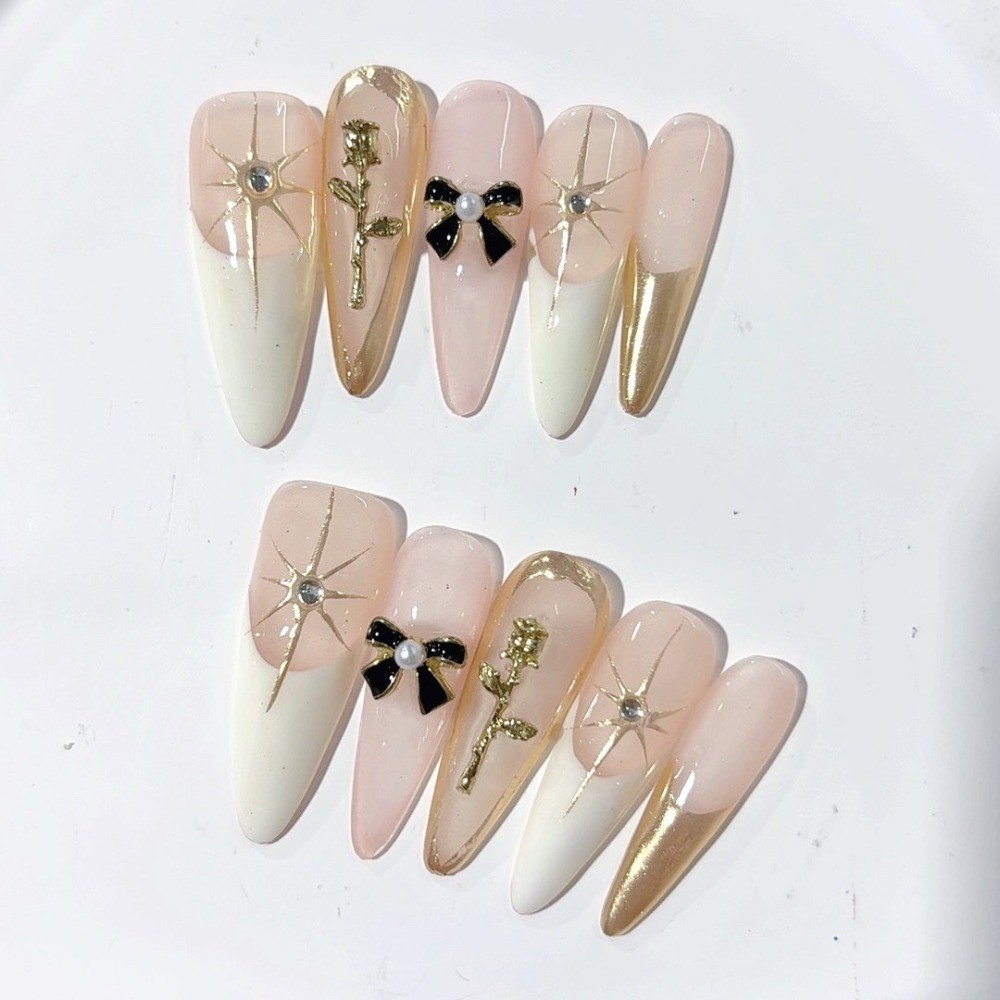 10pcs Pink White Press on Nails Mirror Rose Bow Rhinestone Almond Fake Tips