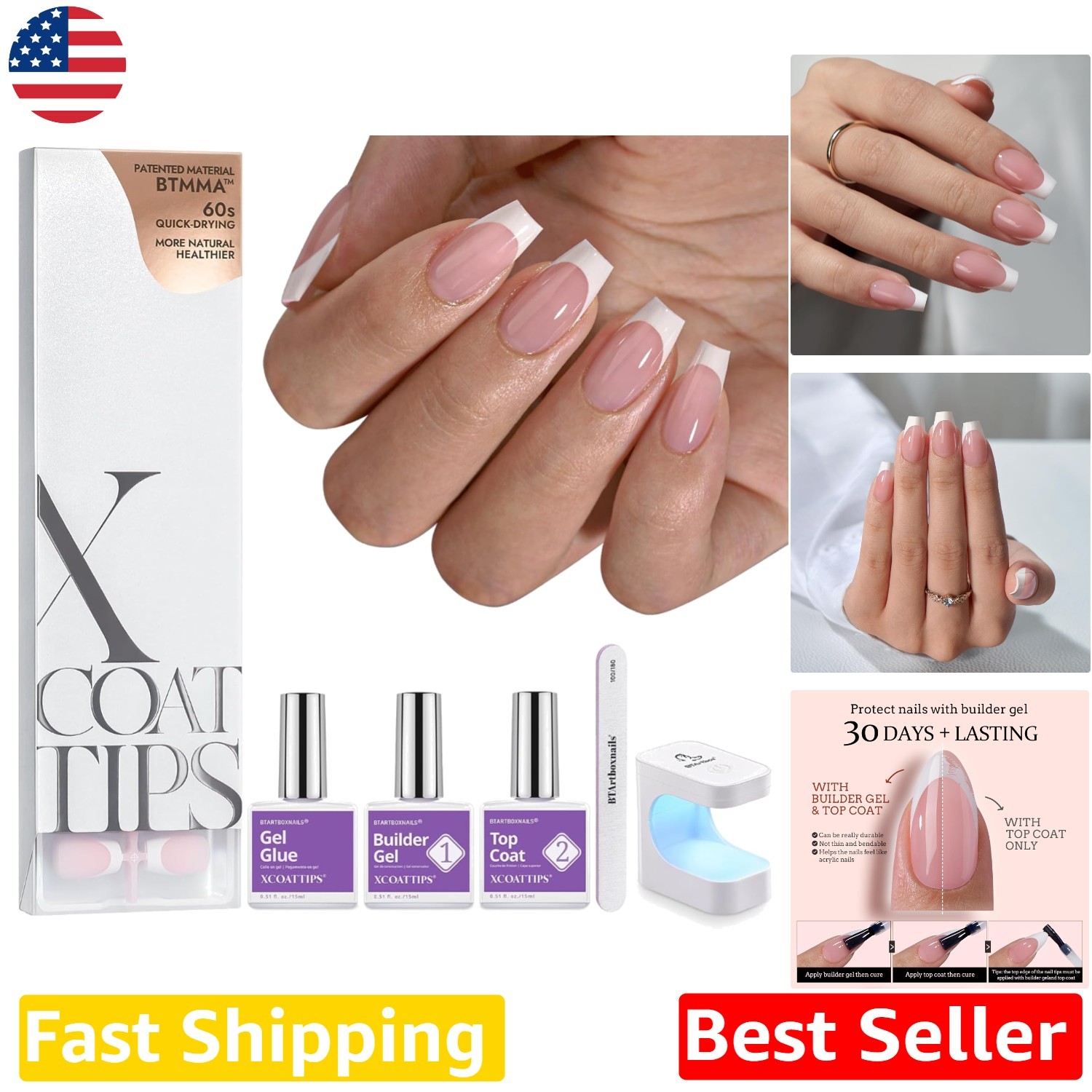 French Tip Press On Nails – Short Coffin Gel Kit, Salon Quality