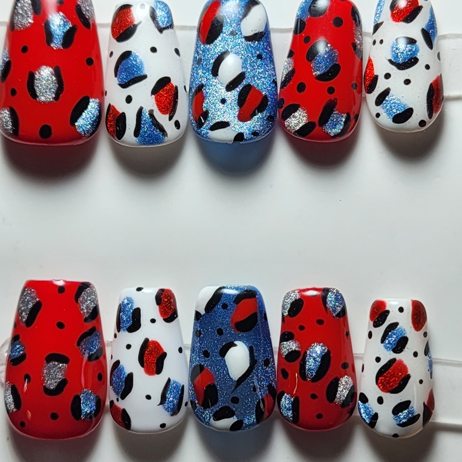 Short Coffin Medium Size Red White And Blue Leopard 4th Of July Press On Nails